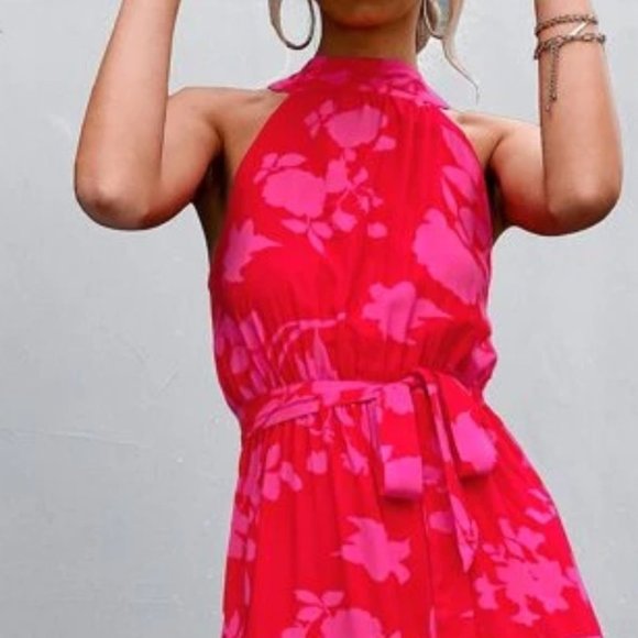 red pink floral print belted halter maxi dress -  Boho - Picture 9 of 11